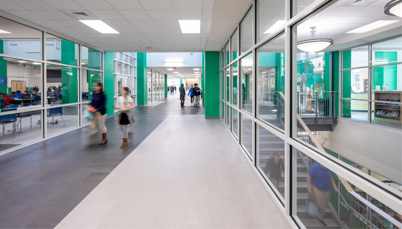 Students walking down a hallway in Kannapolis Middle School, part of Kannapolis City Schools.