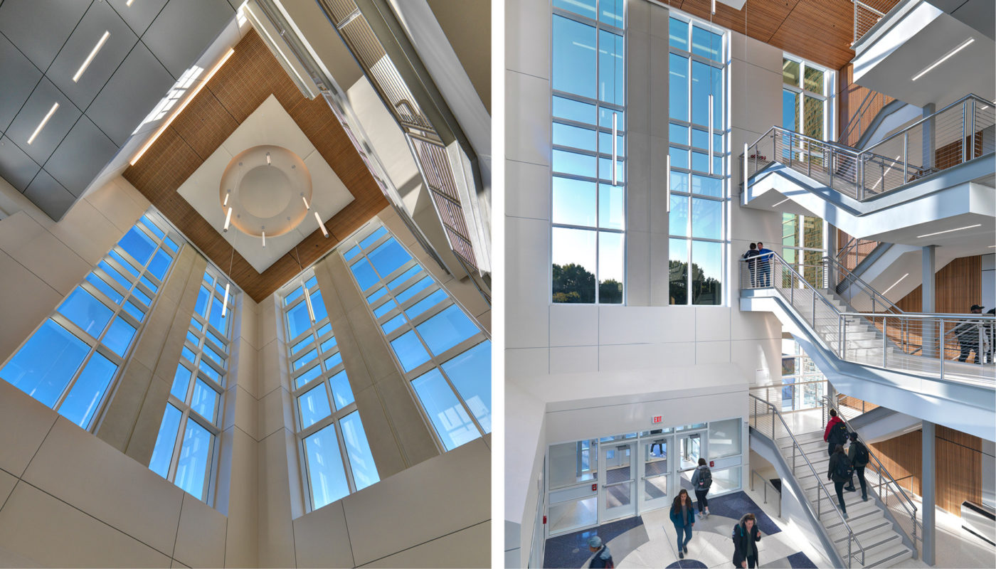 Two images of the D Hall atrium and a staircase at James Madison University.