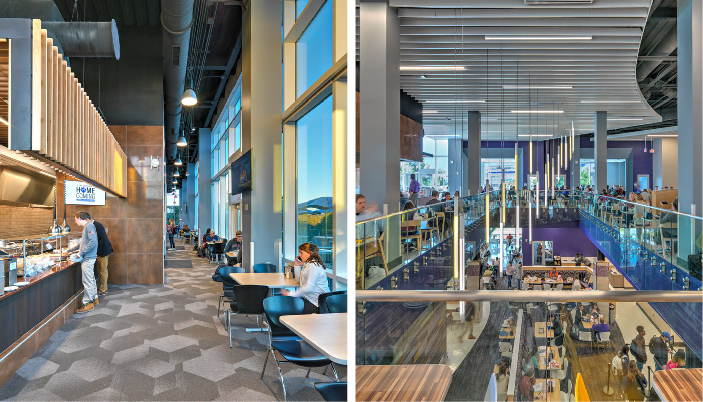 Two pictures of a cafe at James Madison University with people sitting in it.
