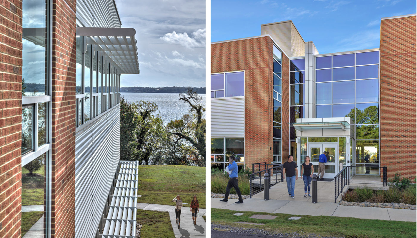 Two pictures of Davis Hall, Virginia Institute of Marine Science, with people walking outside.