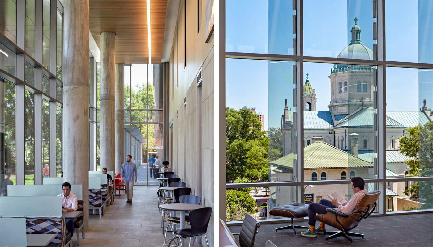 Two pictures of people sitting in chairs in James Branch Cabell Library at Virginia Commonwealth University with a view of a church.