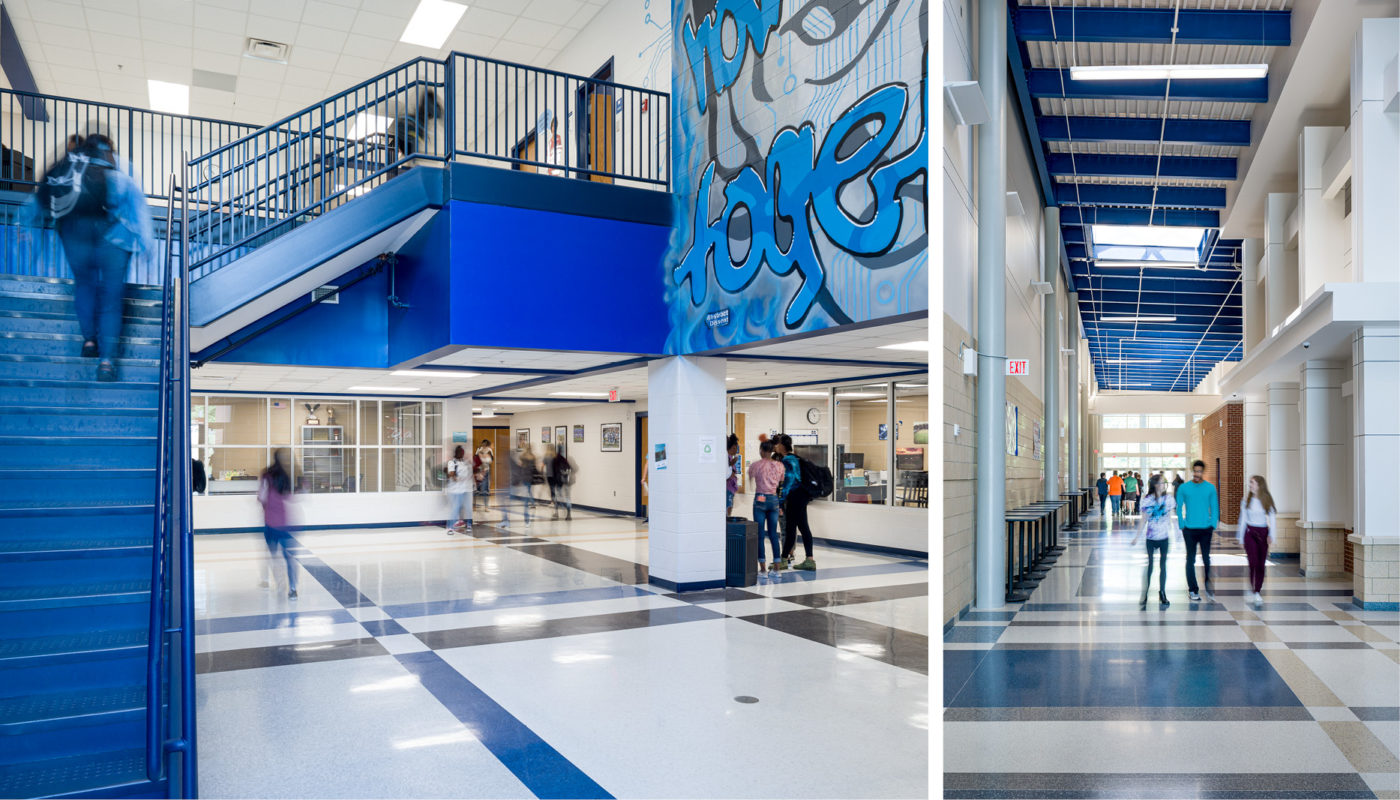 Two pictures of a school hallway in Mooresville Graded School District with stairs and blue walls.