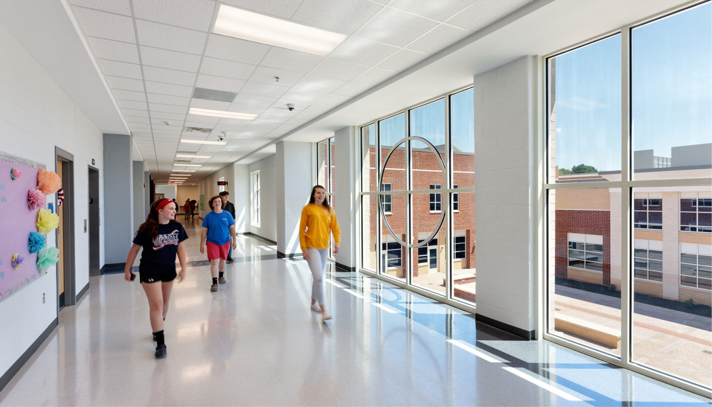 Students walking down a hallway in Liberty Middle School, a Bedford County Public School.