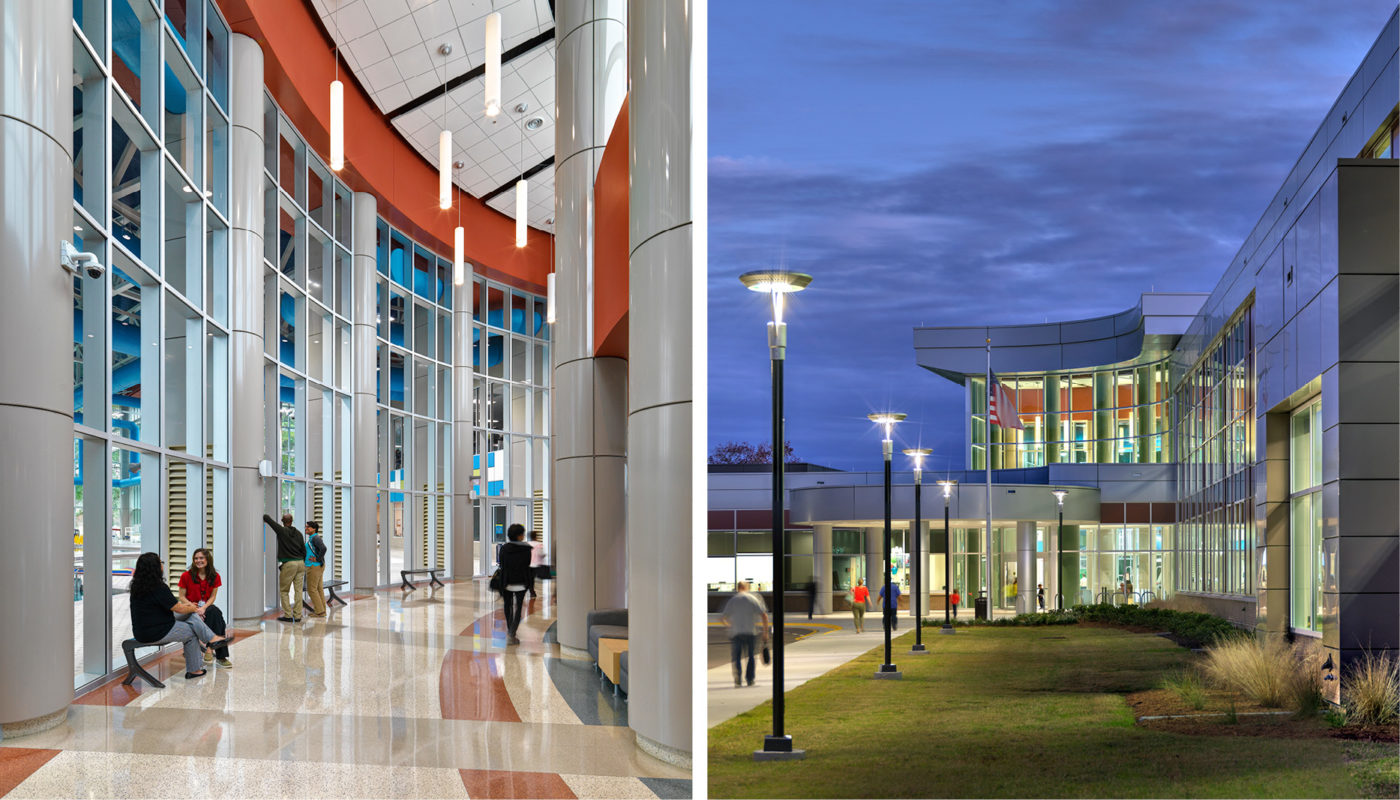 Two pictures of the Bow Creek Recreation Center in Virginia Beach, with people walking through it.