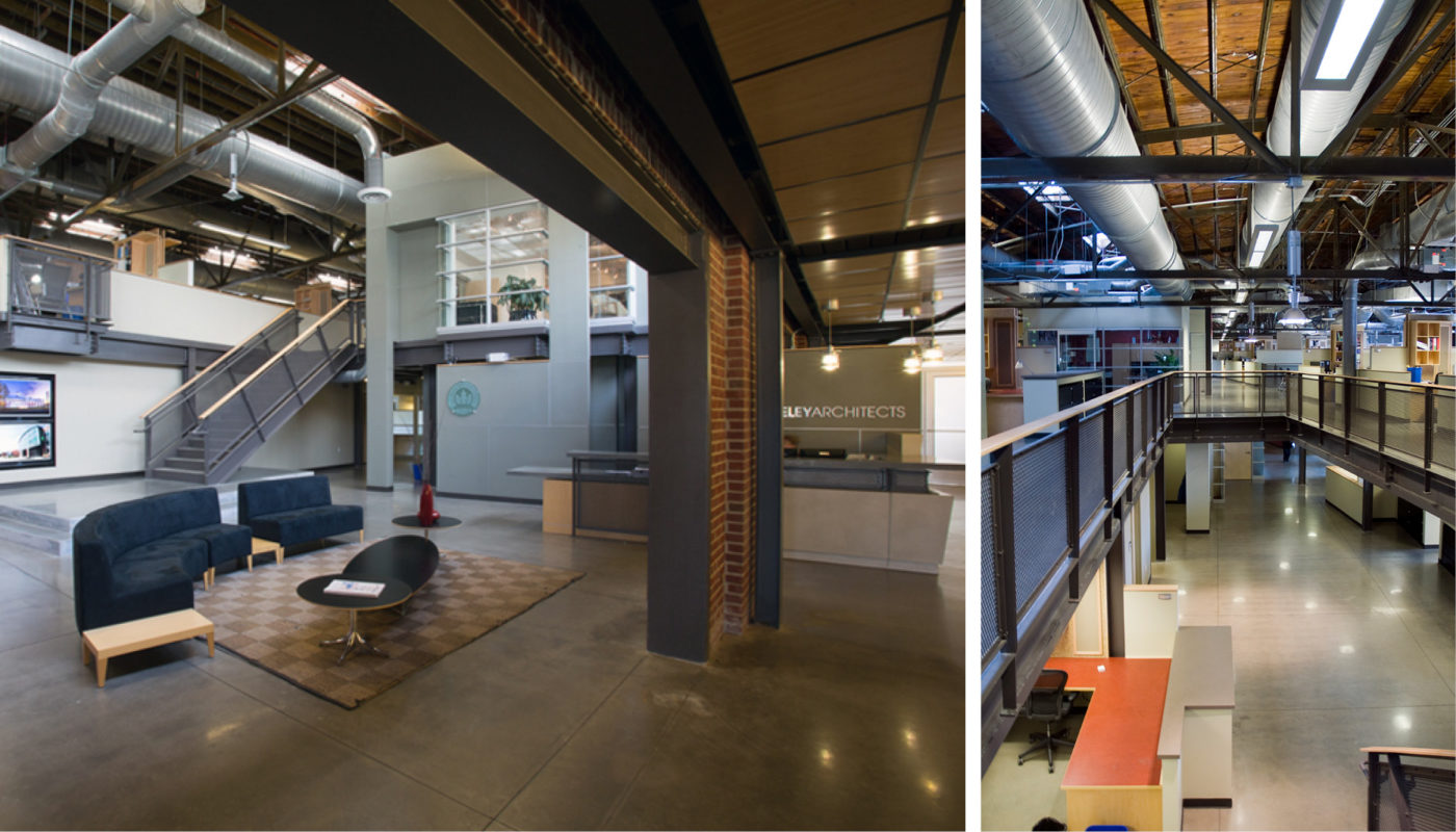 Two pictures of a modern office space featuring stairs and an expansive open floor plan in Richmond, designed by Moseley Architects.