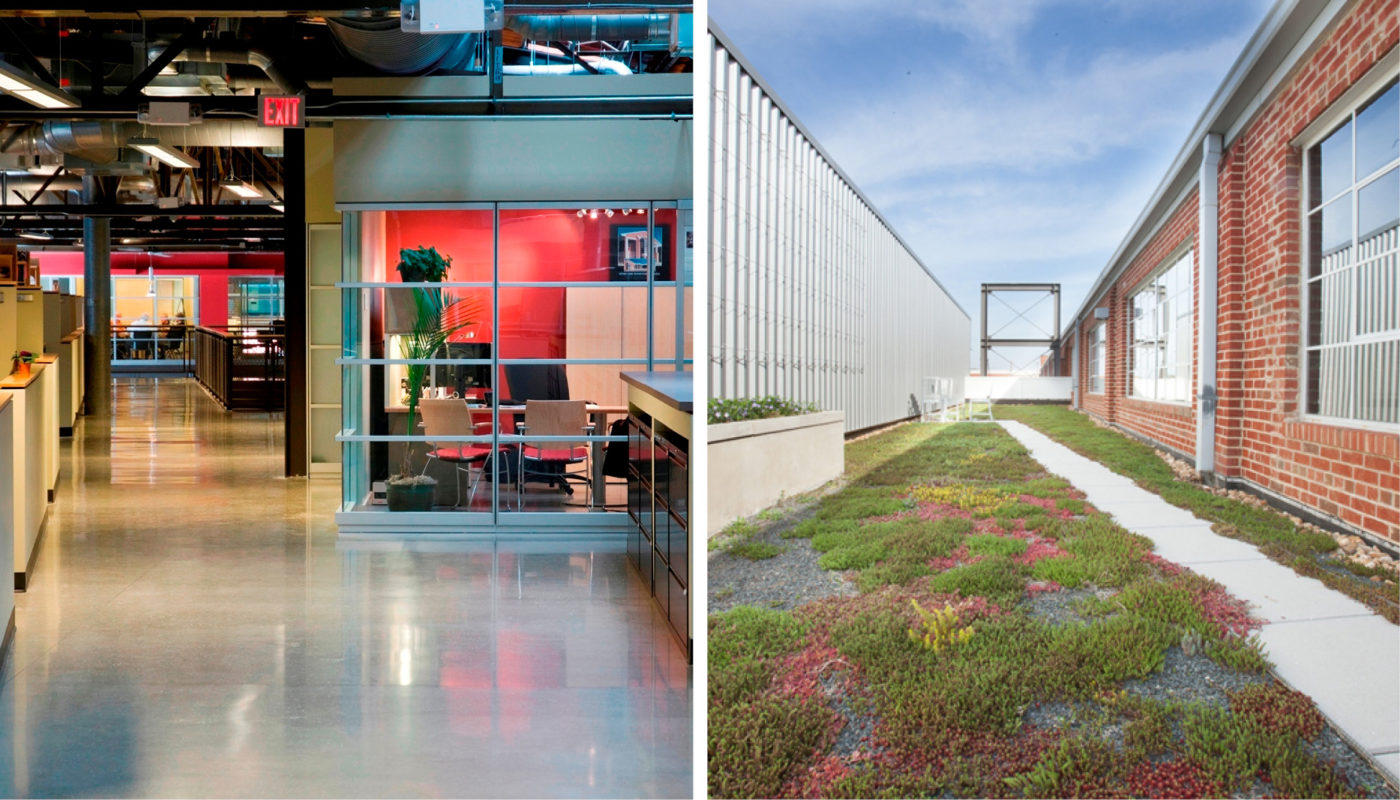 Two pictures of an office building in Richmond with a green roof designed by Moseley Architects.