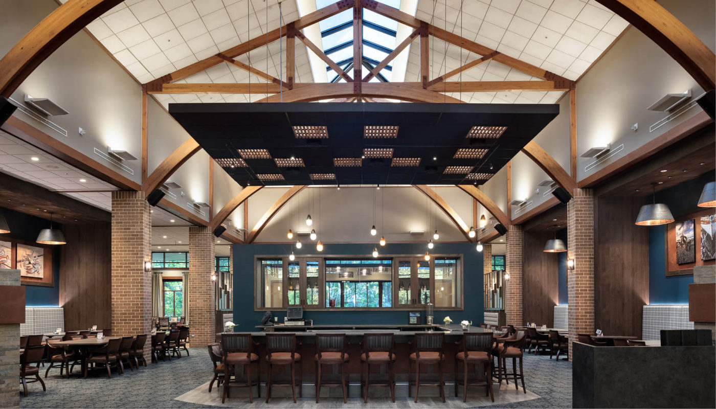 The interior of Cross Creek, a restaurant with a vaulted ceiling in Charlestown.