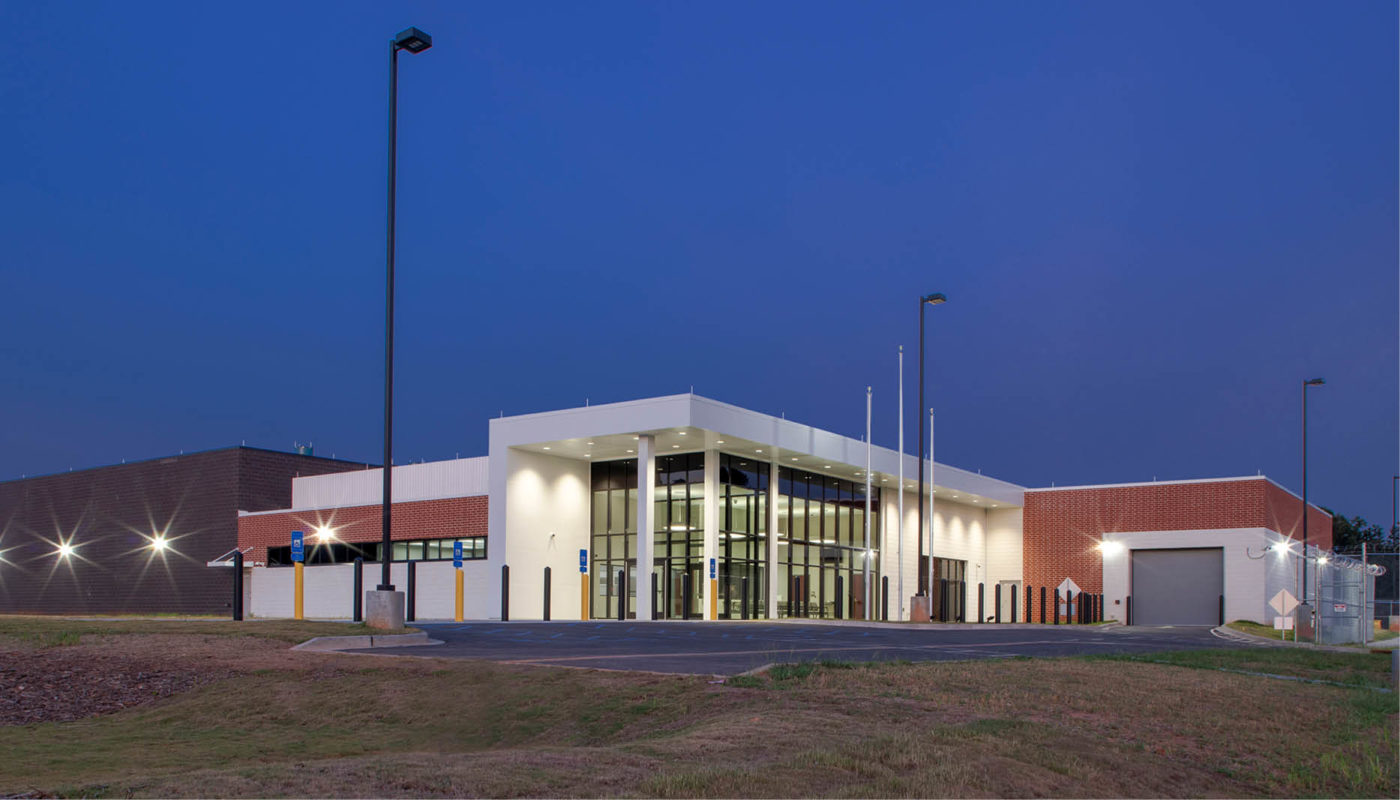 The exterior of the Pickens County Detention Center at night.