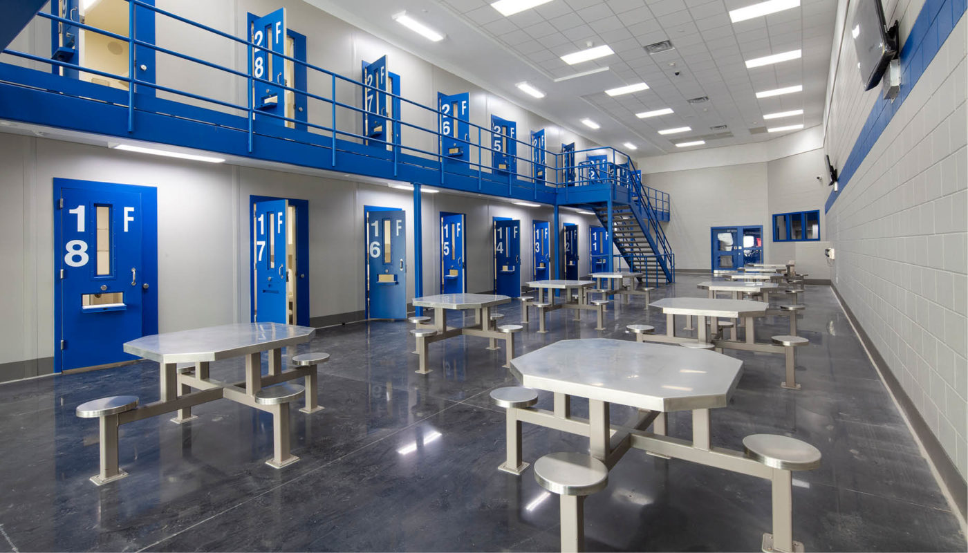A blue prison cell in Pickens County Detention Center.