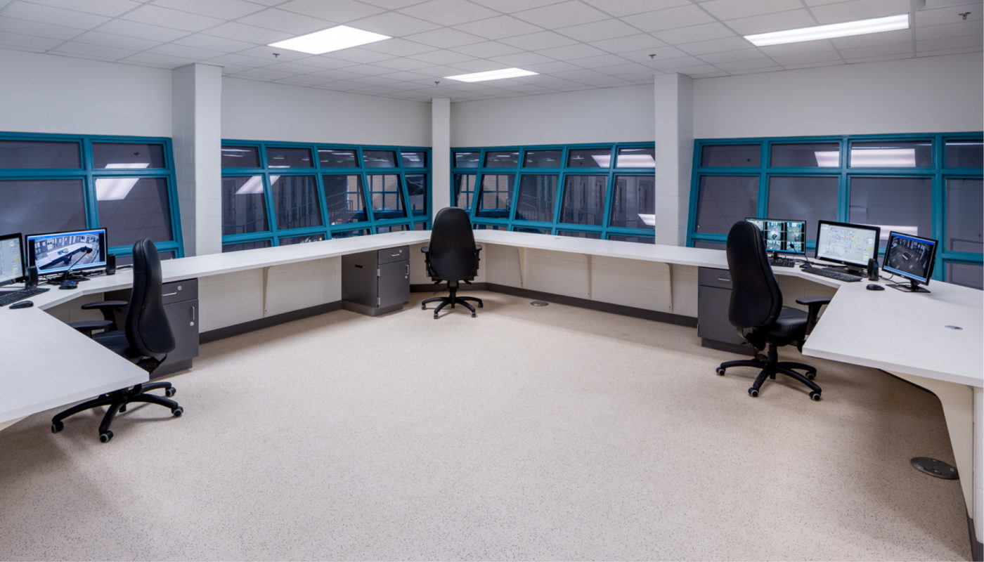 A Law Enforcement Detention Center room in Granville County with two desks and two monitors.
