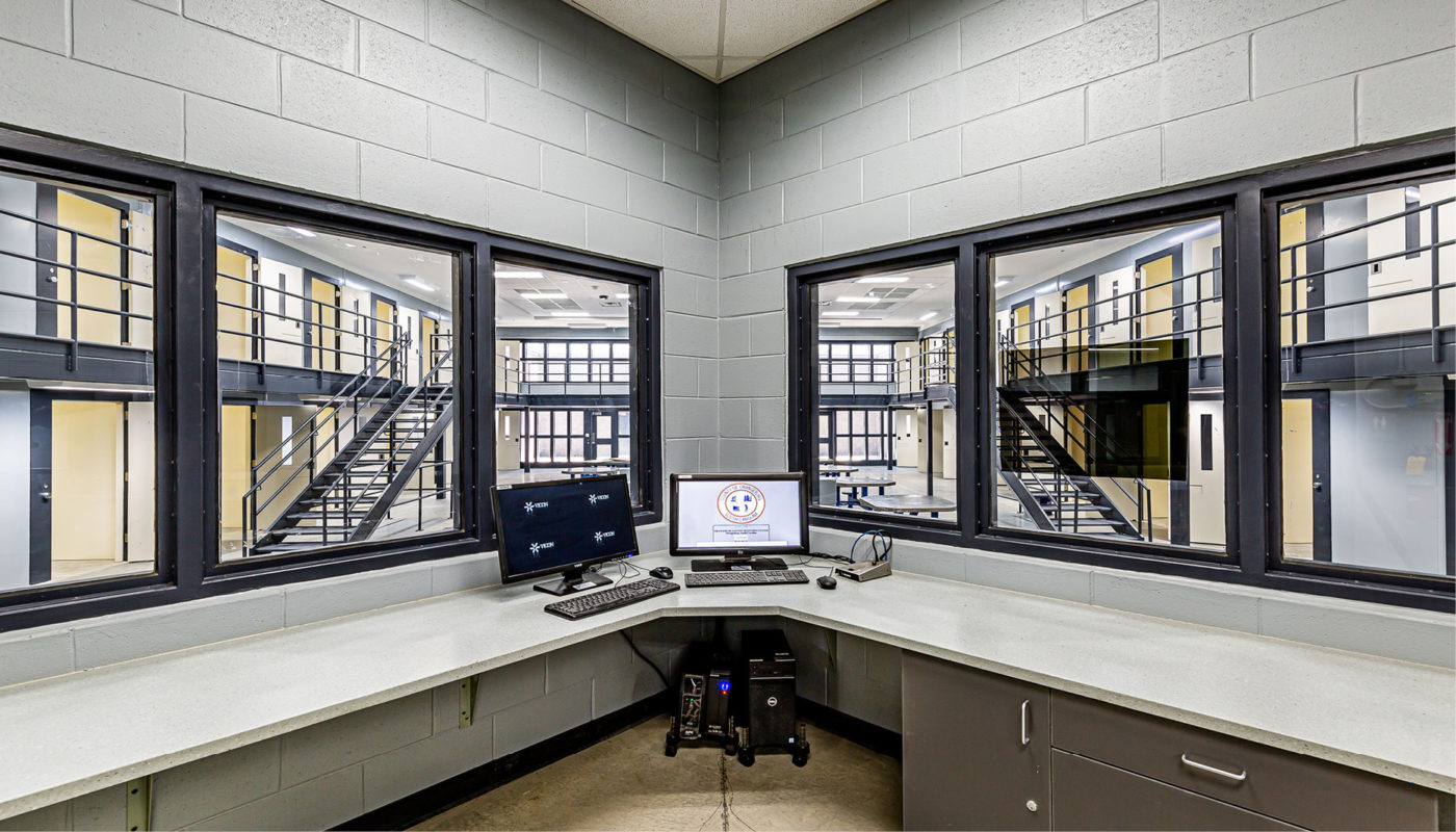 A computer desk in the Orangeburg County Detention Center prison cell.
