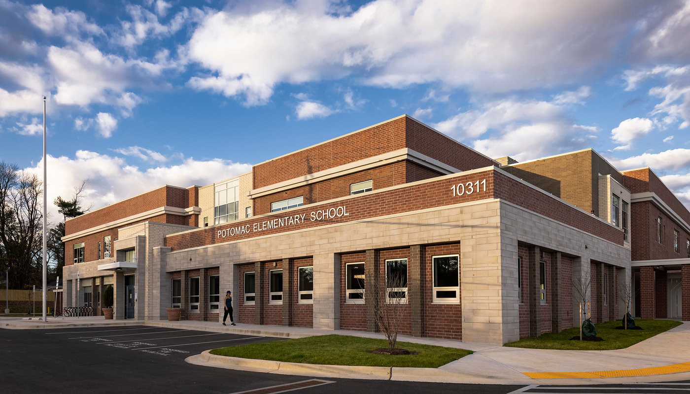 Exterior of Potomac Elementary School, a new K-12 facility in Montgomery County, Maryland