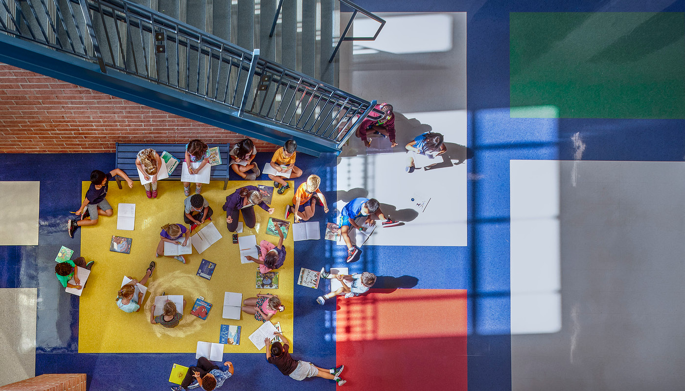 Students study in the hallway of Potomac Elementary School, a new K-12 facility in Montgomery County, Maryland