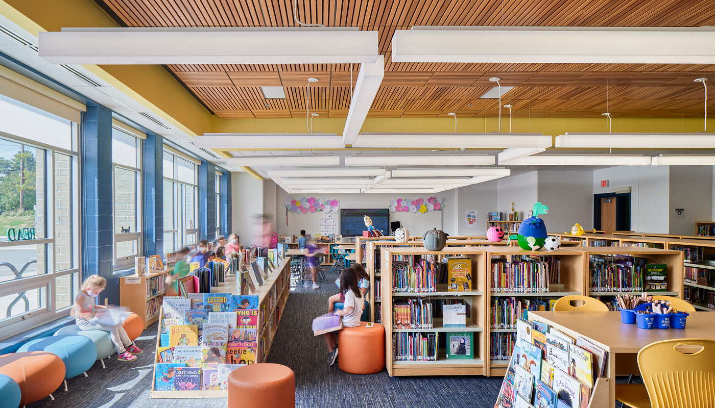 Students read in a media center in Potomac Elementary School, a new K-12 facility in Montgomery County, Maryland
