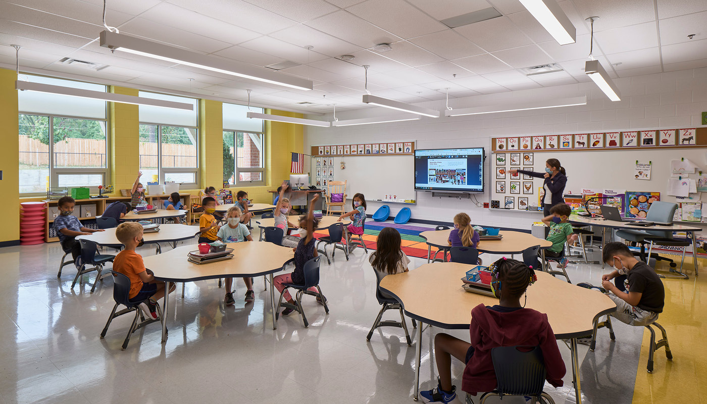 Students in a classroom at Potomac Elementary School, a new K-12 facility in Montgomery County, Maryland