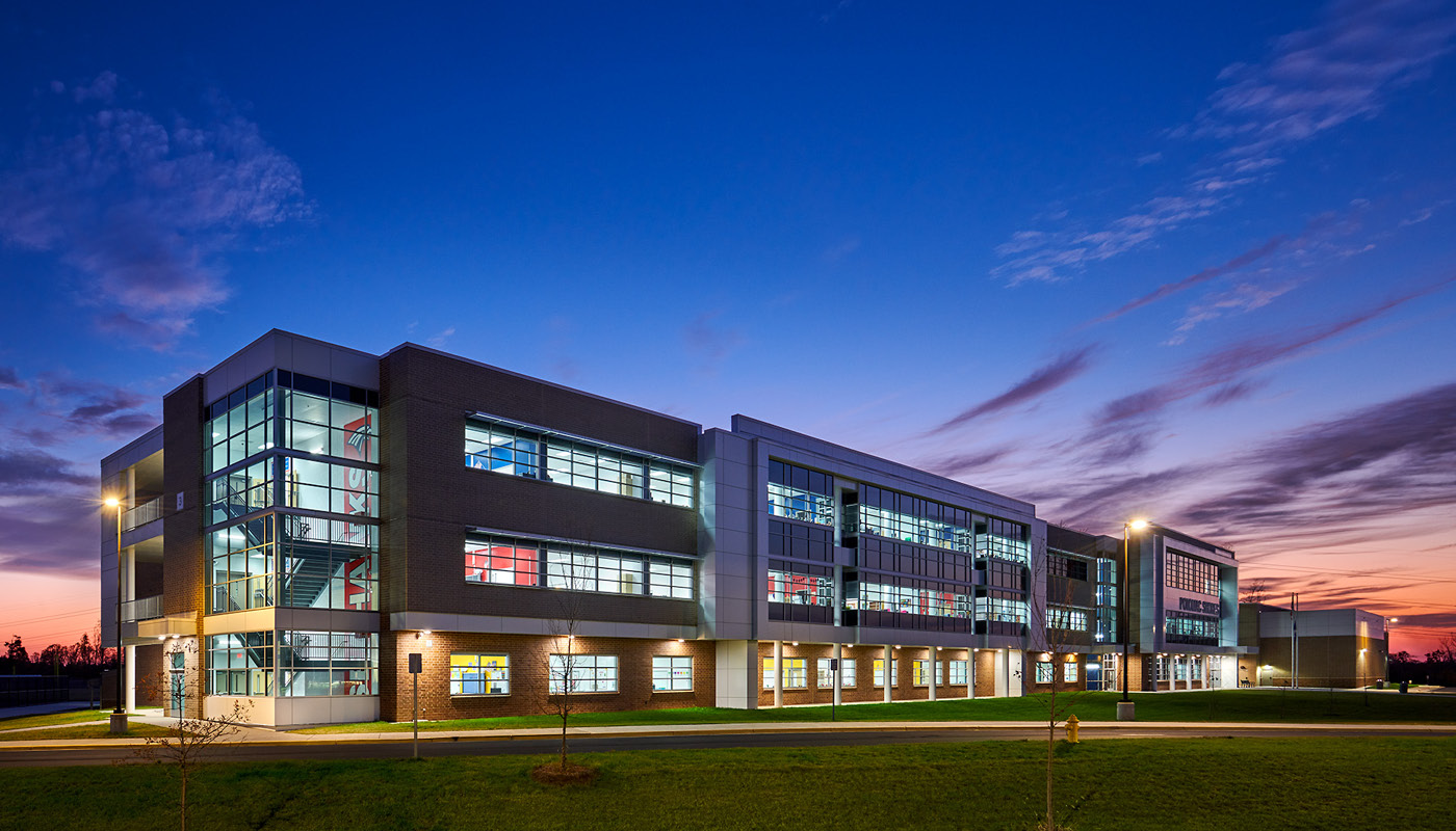 Dusk at Potomac Shores Middle School, a new K-12 facility in Prince William County Public Schools, Virginia