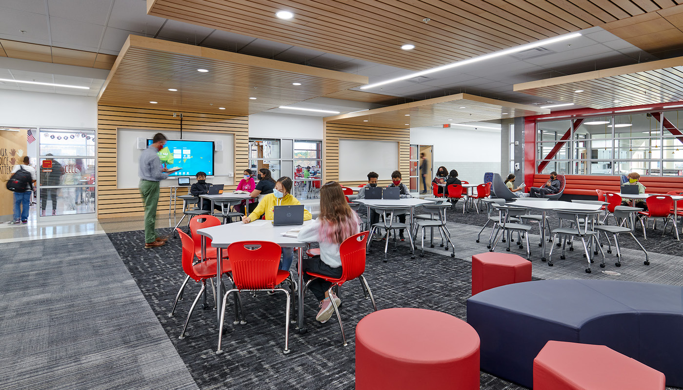 Collaborative learning environment at Potomac Shores Middle School, a new K-12 facility in Prince William County Public Schools, Virginia