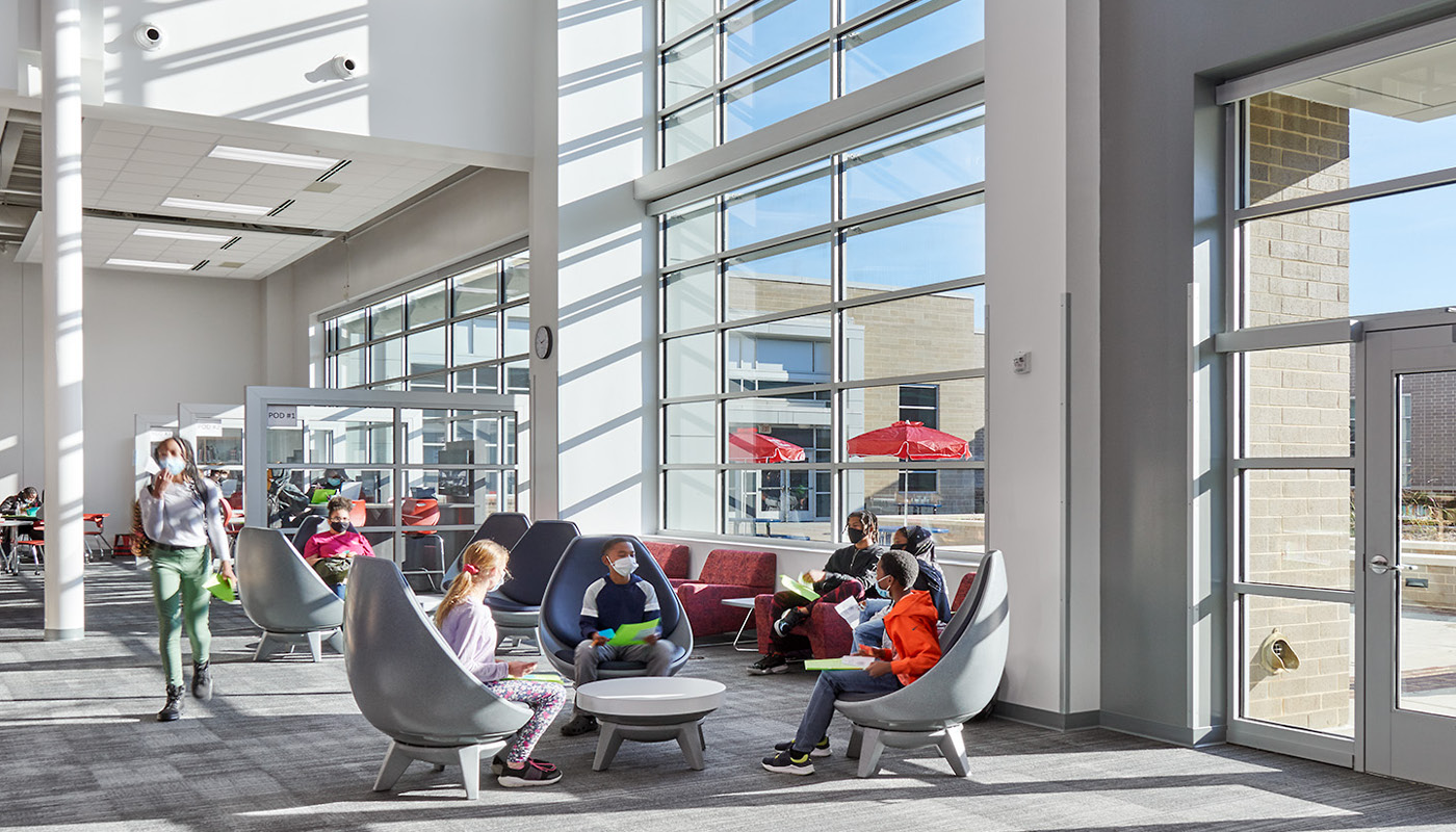Extended learning space at Potomac Shores Middle School, a new K-12 facility in Prince William County Public Schools, Virginia