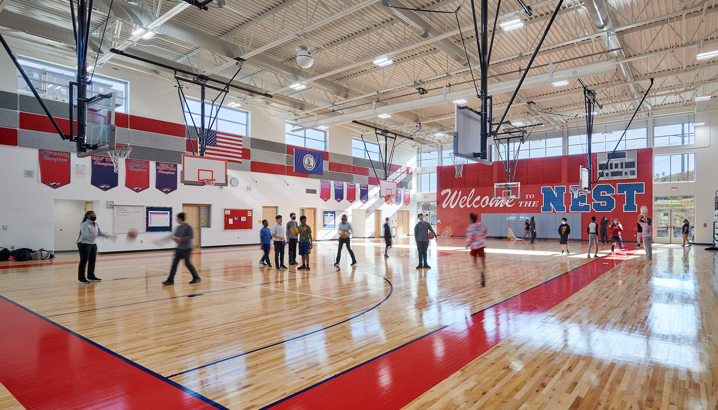 Gymnasium at Potomac Shores Middle School, a new K-12 facility in Prince William County Public Schools, Virginia
