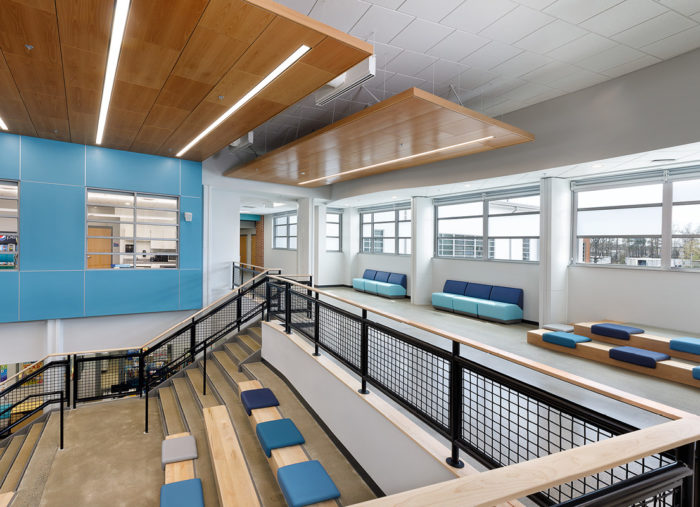 The interior of Holladay Elementary School, a Henrico County Public School building with blue walls and benches.