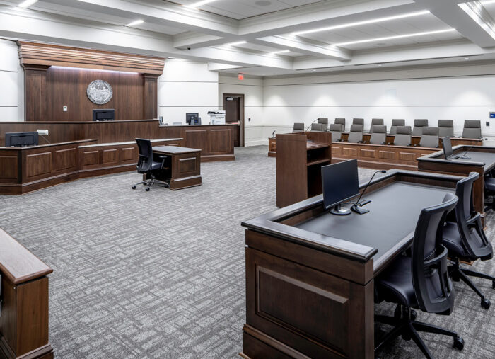 Courtroom in Lincoln County Courthouse, a new judicial center in North Carolina