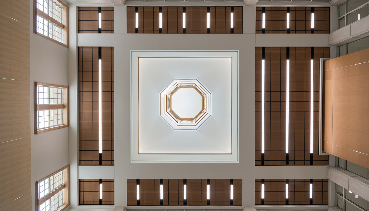 Ceiling in Virginia Beach City Hall, a new municipal facility that blends traditional and contemporary architecture