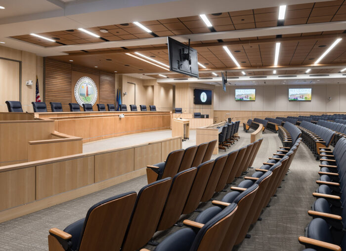 City council chambers in Virginia Beach City Hall, a new municipal facility that blends traditional and contemporary architecture