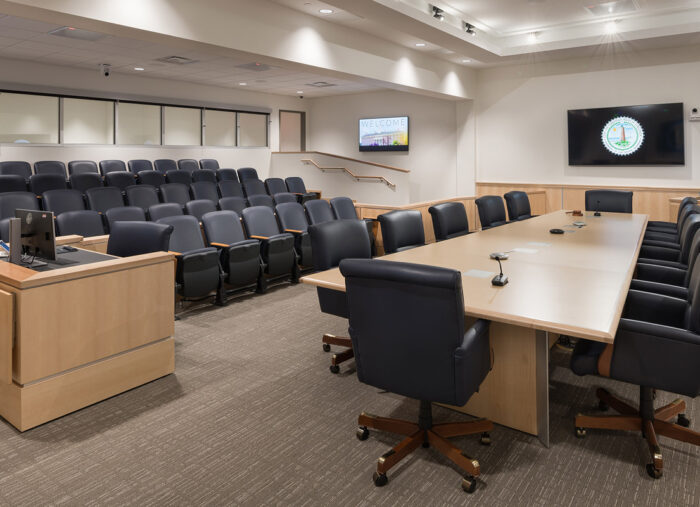 Meeting room in Virginia Beach City Hall, a new municipal facility that blends traditional and contemporary architecture