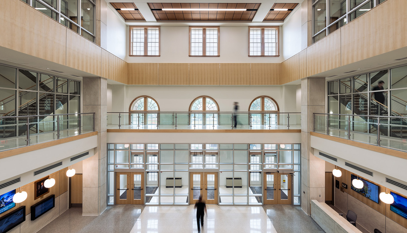 Three-story lobby in Virginia Beach City Hall, a new municipal facility that blends traditional and contemporary architecture