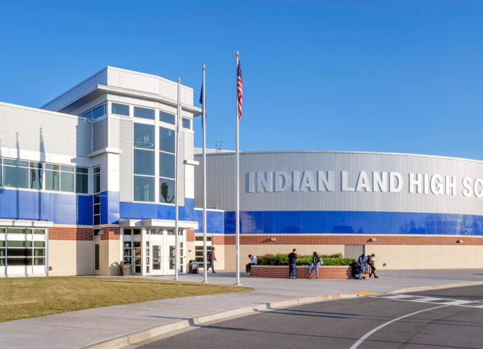 Main entrance at Indian Land High School, a new K12 facility in Lancaster, South Carolina