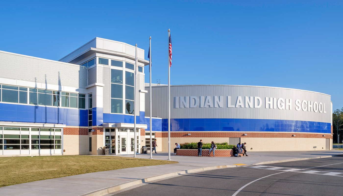Main entrance at Indian Land High School, a new K12 facility in Lancaster, South Carolina