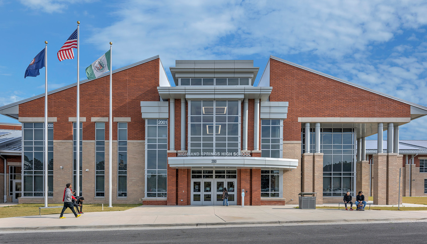 Main entrance of Highland Springs, a new k-12 school in Virginia