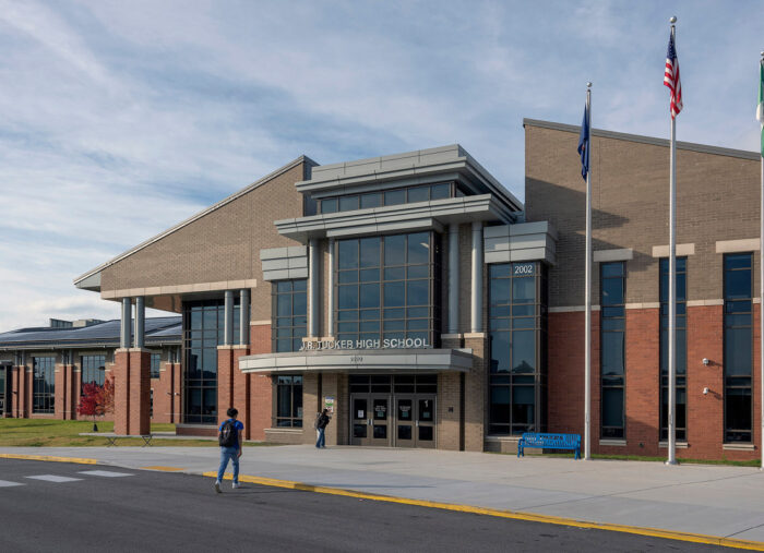 Main entrance of Tucker High School, a new k-12 facility in Virginia