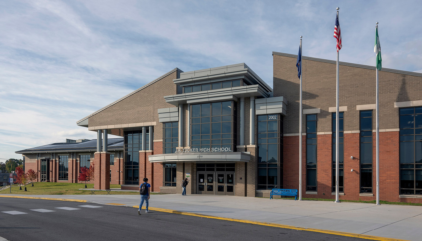 Main entrance of Tucker High School, a new k-12 facility in Virginia