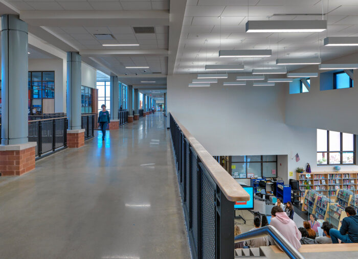 Corridor with view of media center in Tucker High School, a new k-12 facility in Virginia