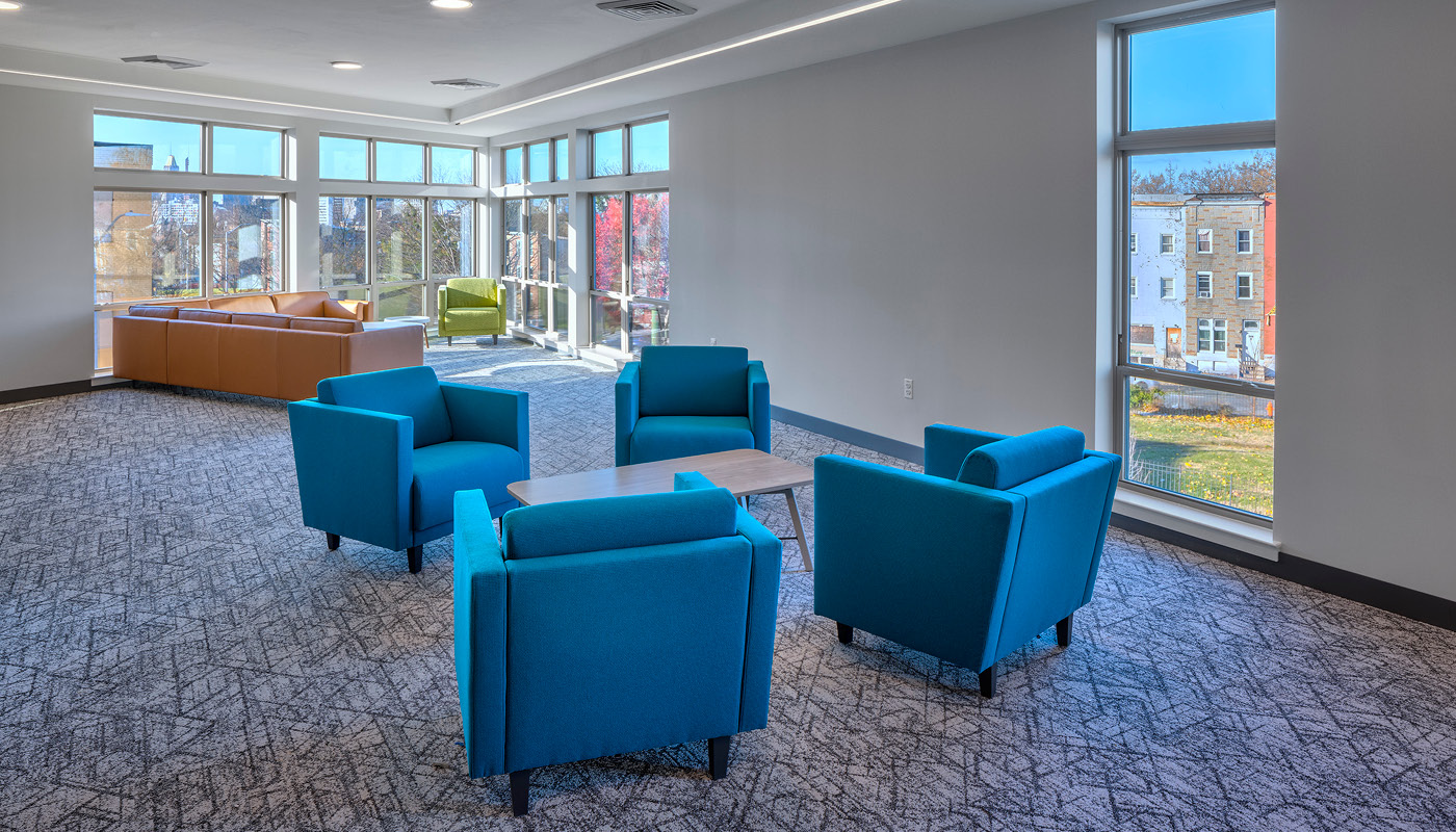 Lounge at Sojourner Place at Oliver, an affordable housing development in Baltimore