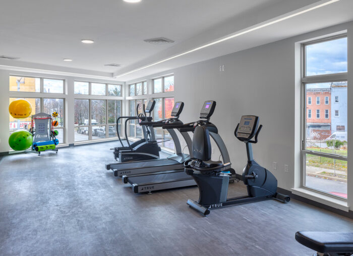 Fitness studio at Sojourner Place at Oliver, an affordable housing development in Baltimore