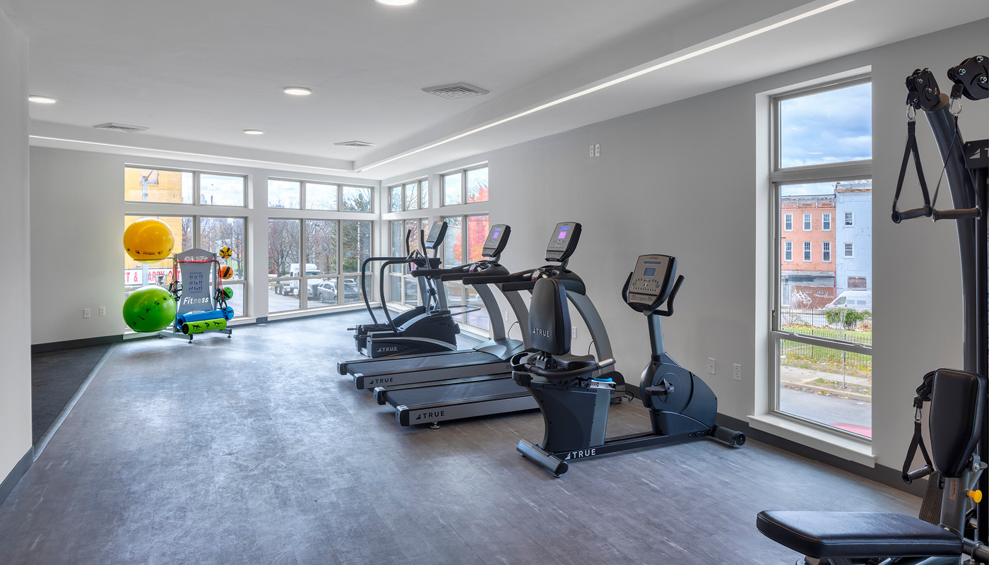Fitness studio at Sojourner Place at Oliver, an affordable housing development in Baltimore