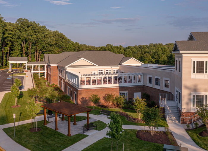 Outdoor seating at Cadence Olney, a new senior living housing facility in Maryland