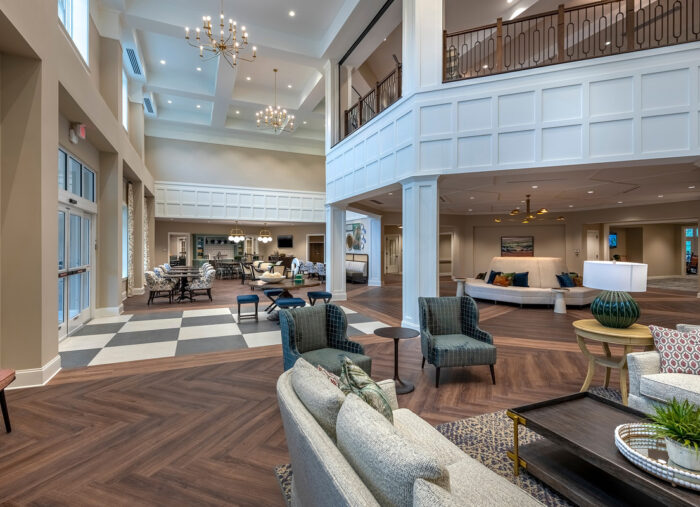 Double-height gathering spaces in Cadence Olney, a new senior living housing facility in Maryland