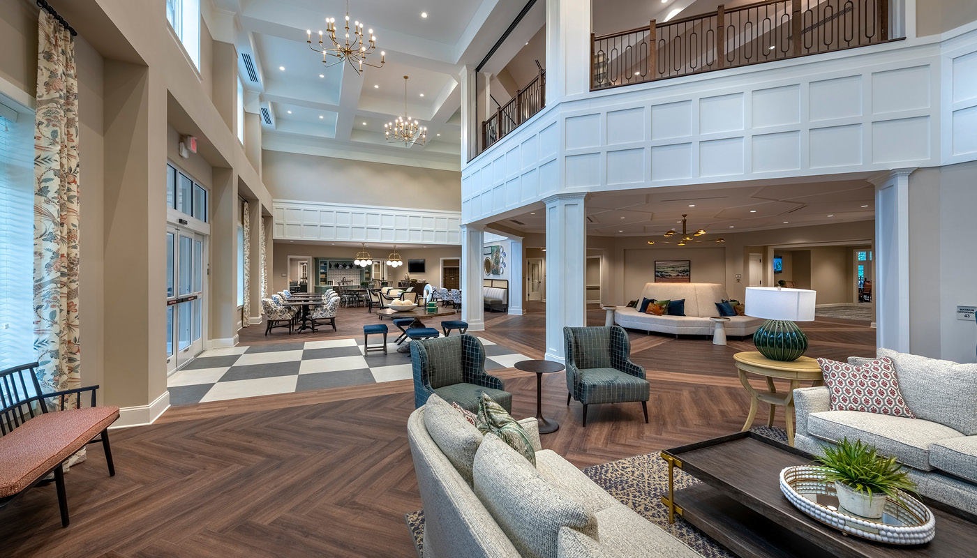 Double-height gathering spaces in Cadence Olney, a new senior living housing facility in Maryland