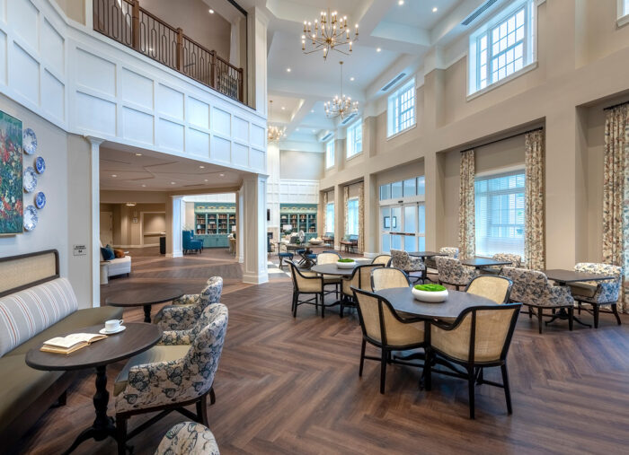 Double-height dining area in Cadence Olney, a new senior living housing facility in Maryland