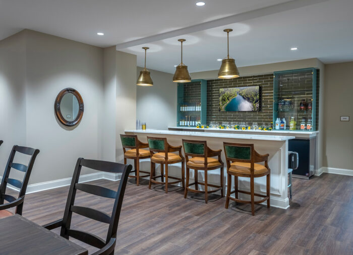 Bar seating in Cadence Olney, a new senior living housing facility in Maryland