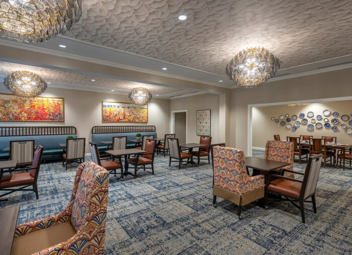Dining spaces in Cadence Olney, a new senior living housing facility in Maryland