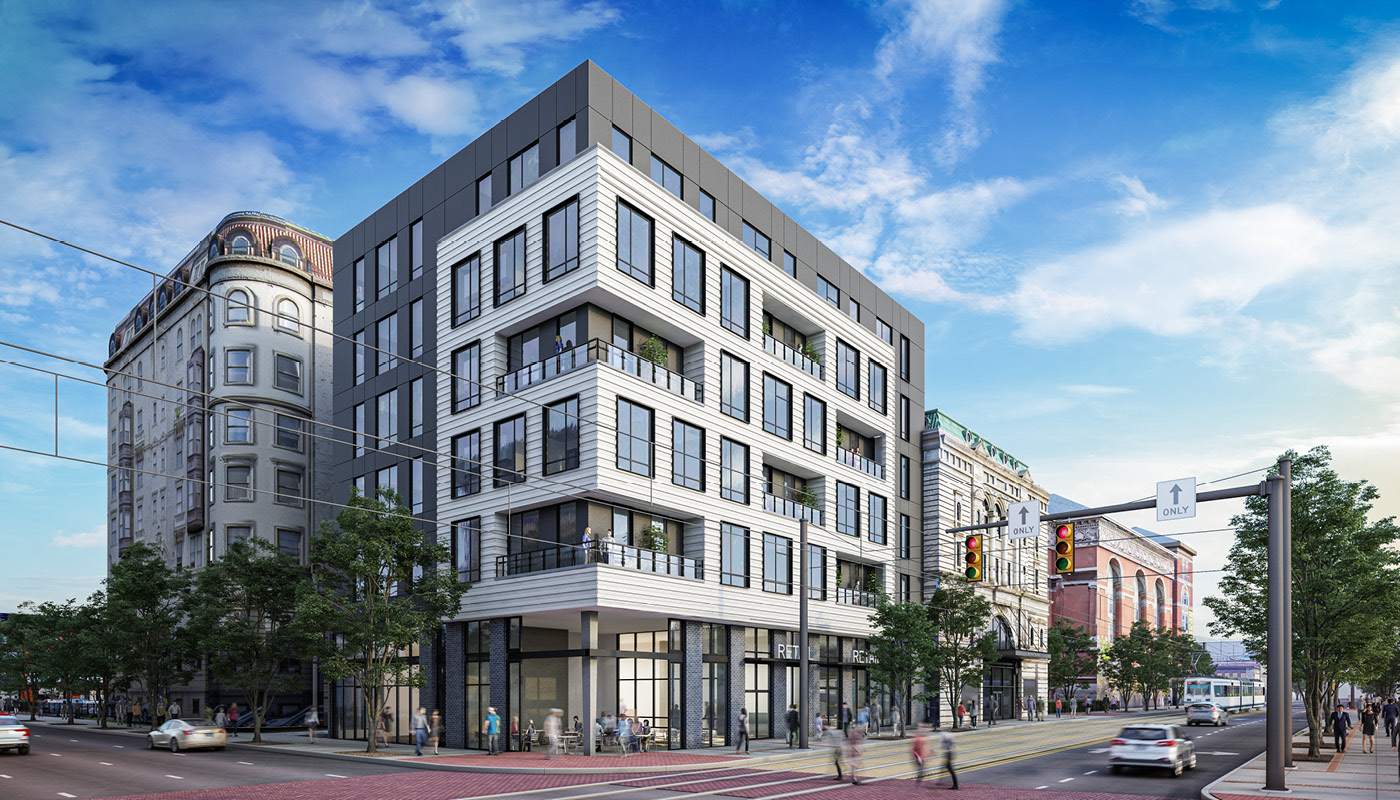 Rendering of the exterior of Mayfair Place, a new mixed-use facility in Baltimore, Maryland
