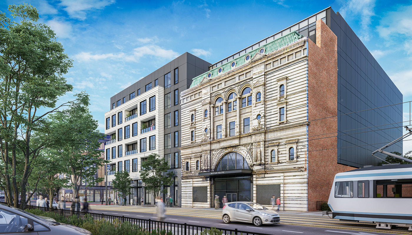 Rendering of the exterior of Mayfair Place, a new mixed-use facility in Baltimore, Maryland