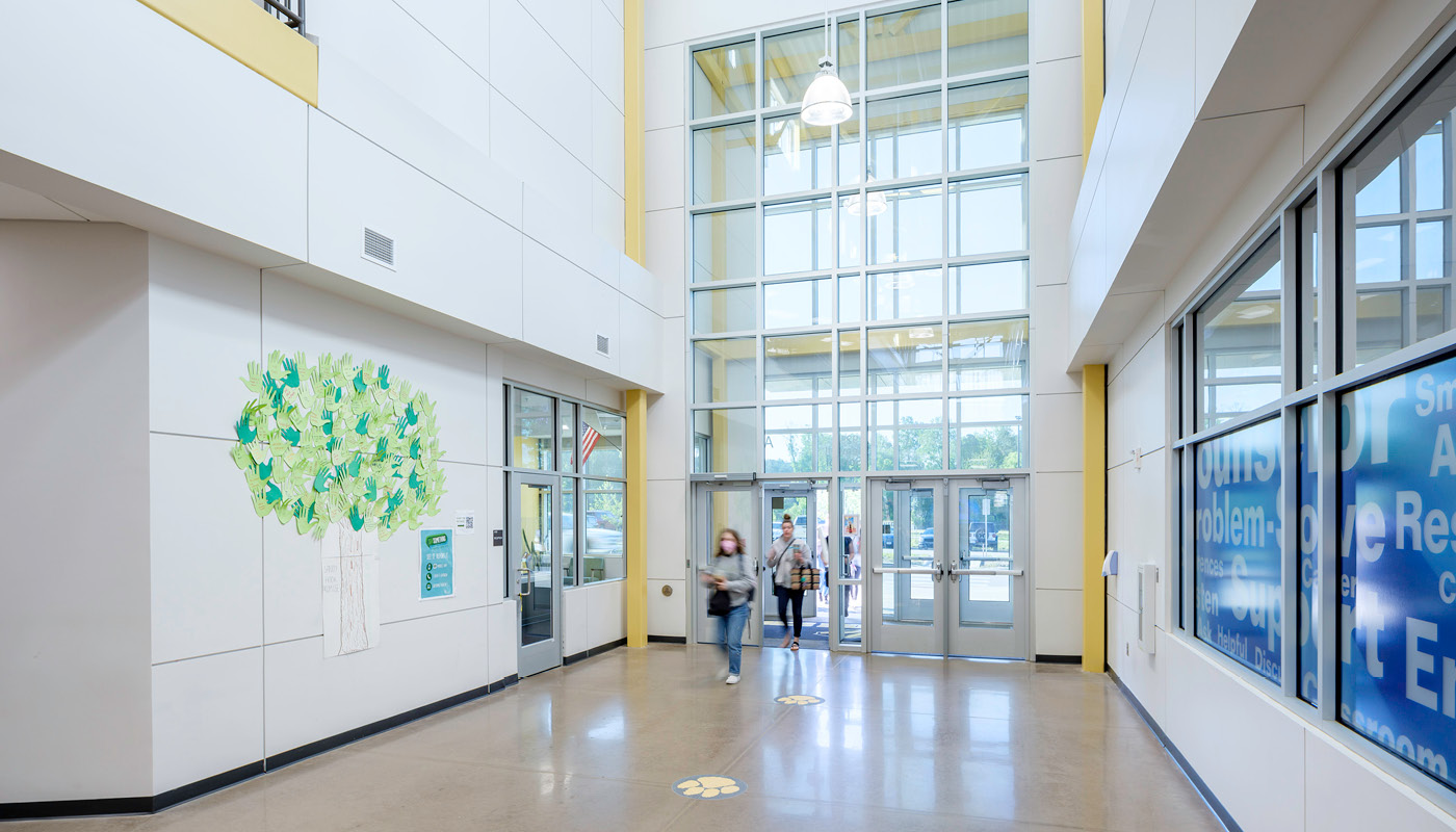 Students pass security vestibule when entering the school in Chapel Hill High School, a renovated K-12 facility in North Carolina