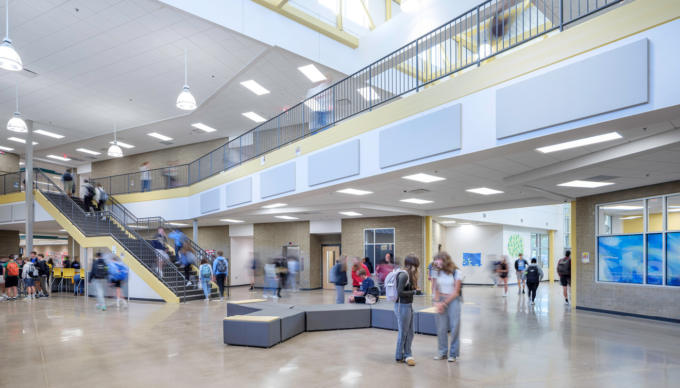 Students congregate in main corridor in Chapel Hill High School, a renovated K-12 facility in North Carolina