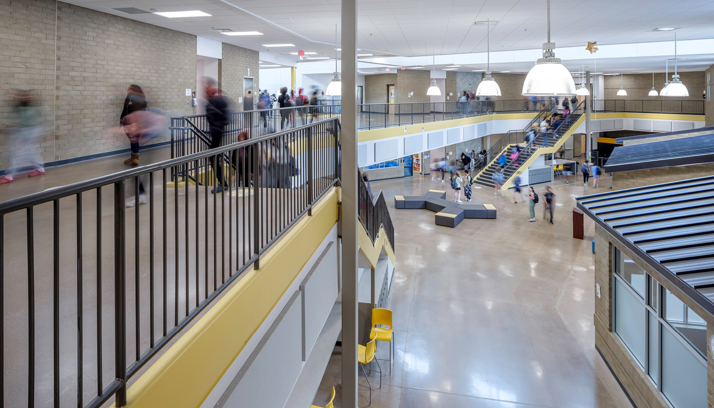 Students pass through corridors on the way to class in Chapel Hill High School, a renovated K-12 facility in North Carolina