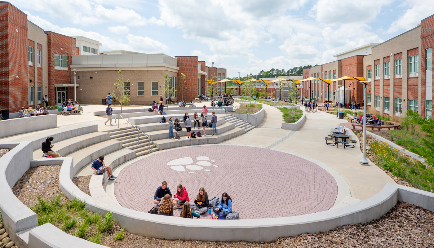 Students gather in outdoor learning space at Chapel Hill High School, renovated in 2020